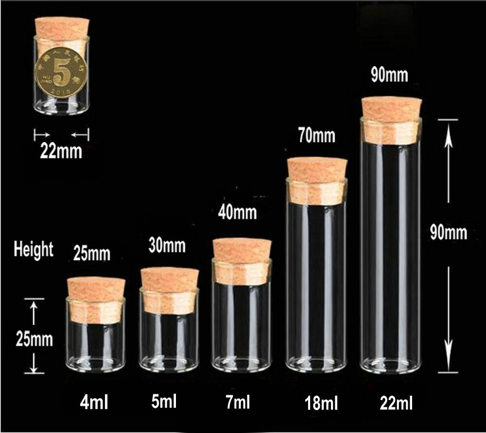 Tubos de ensayo de vidrio con tapones de corcho, botellas de embalaje, frascos de deseos para laboratorio, experimento o , diámetro de 22mm, 4ml a 30ml, 20 unids/lote
