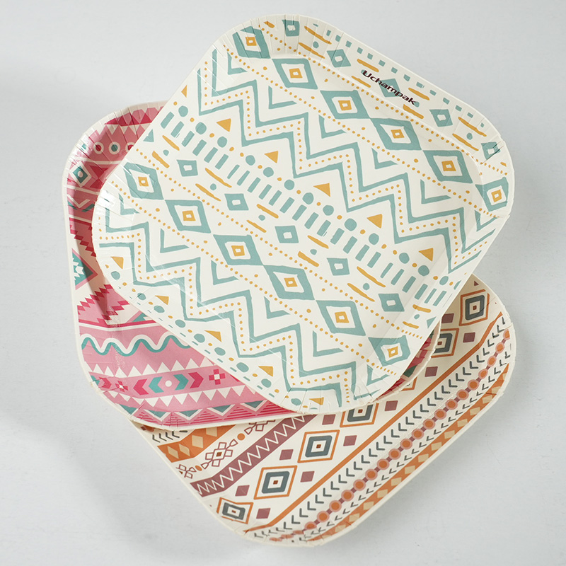 Geometryczne Kolorowe Papierowe Talerze Jednorazowe Deserowe Tortowe Kwadratowe mini Talerzyki na Przystawki i Przekąnarty na Ślub Urodziny Papierowe Naczynia