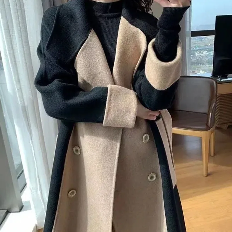 Manteau en laine velours Double face pour femme, Style Long, nouvelle automne hiver, bloc de couleurs, amincissant, Style Hepburn, vêtements d'extérieur élégants