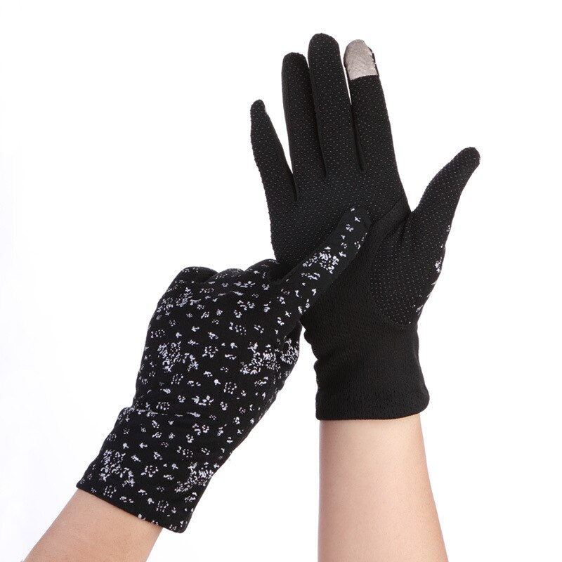 Kvinder sommer anti-slip berøringsskærm elastiske tynde handsker bomuld solbeskyttelseshandsker: Sort
