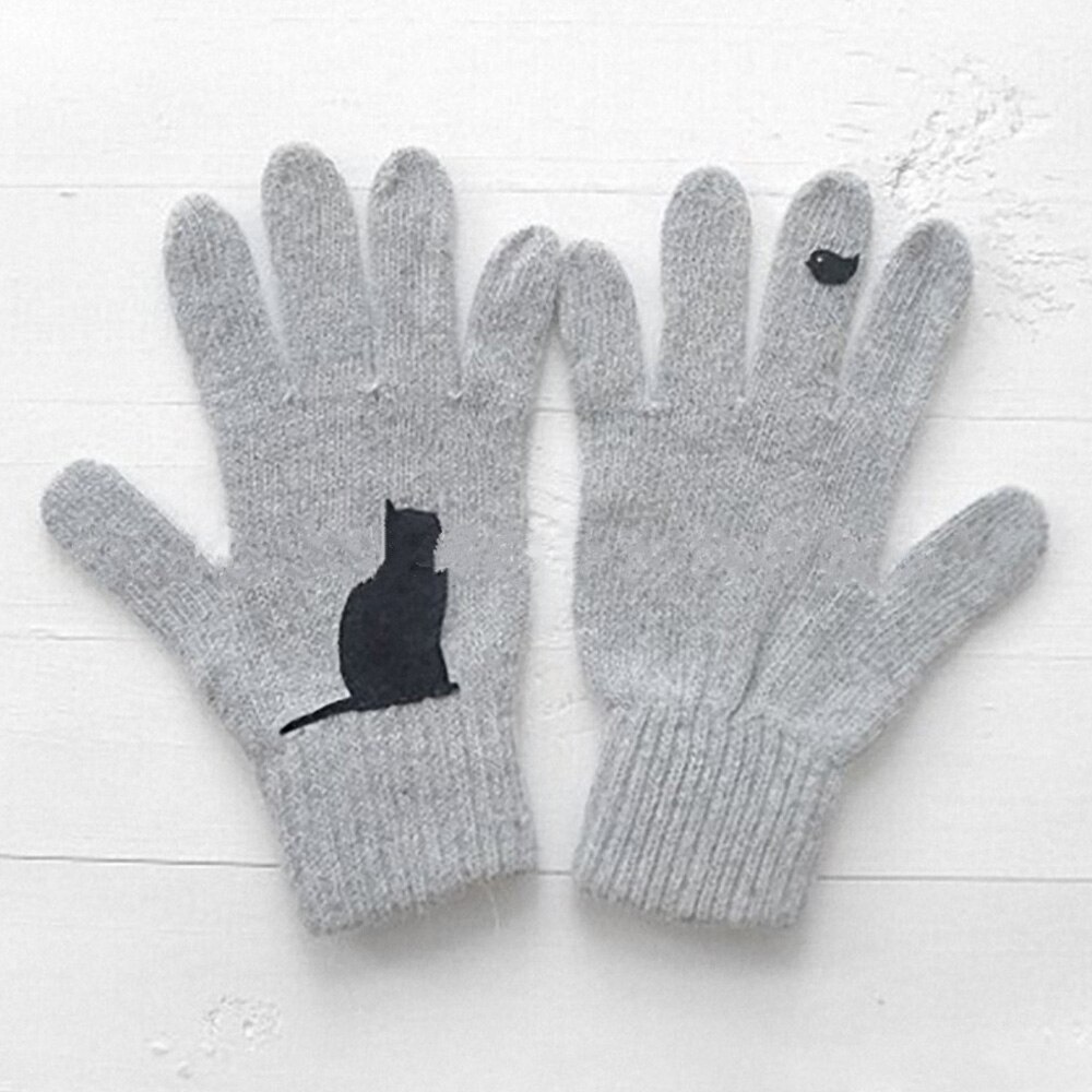 Winter Kasjmier Handschoenen Kat Vogel Cartoon Partern Afdrukken Patchwork Wollen Warme Wanten Volledige Vinger Voor Vrouwen Mannen Unisex