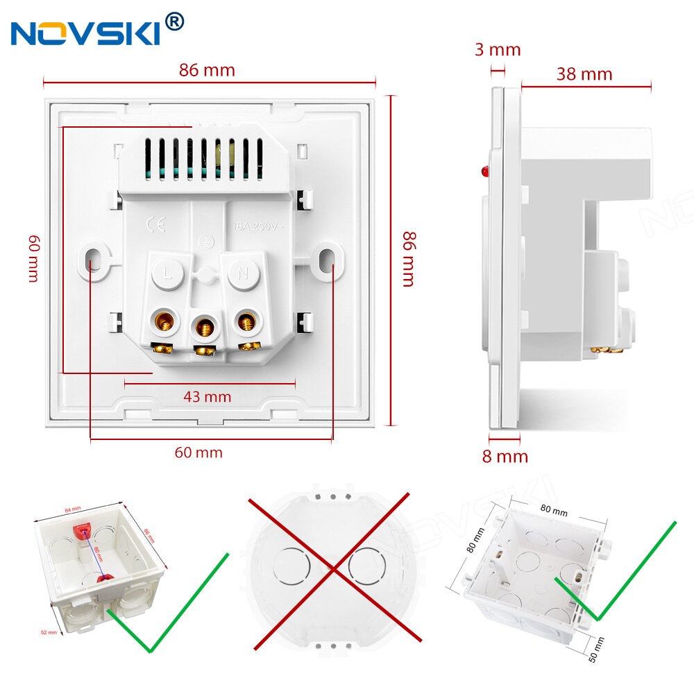NOVSKI French Power Socket, Electrical French Outlet, 2.1A Dual USB Charging Port with Soft LED Indicator, White, Black, Gold