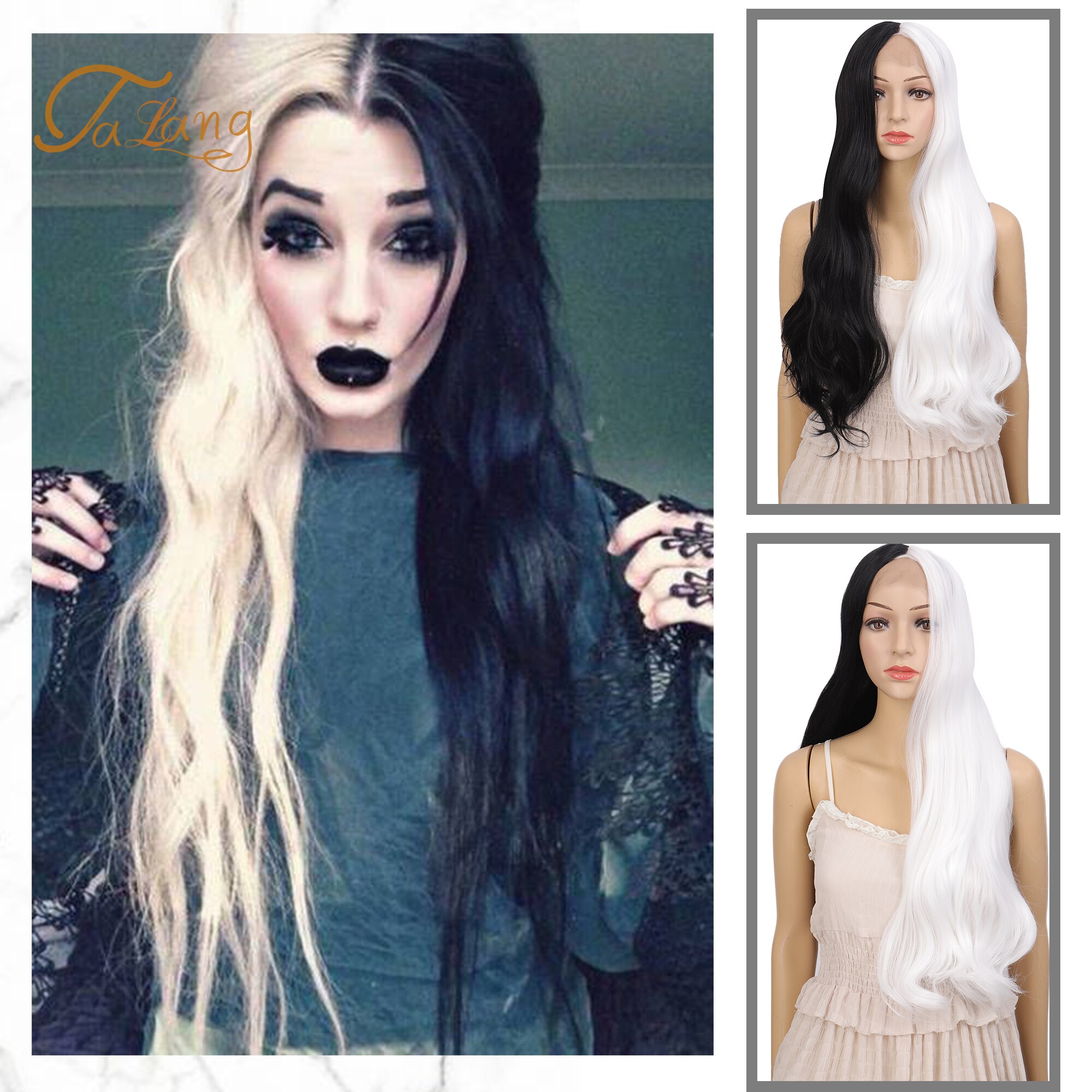 Talang Cosplay Synthetische Twee-Kleur Lang Haar Vrouwelijke Hoge Temperatuur Fiber Halloween Party Pruik Wit Zwart