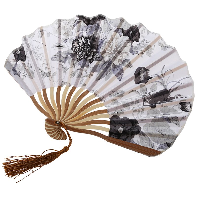Chinese Grijs Pioen Blossom Stof Bamboe Vouwen Dansen Hand Ventilator Wit