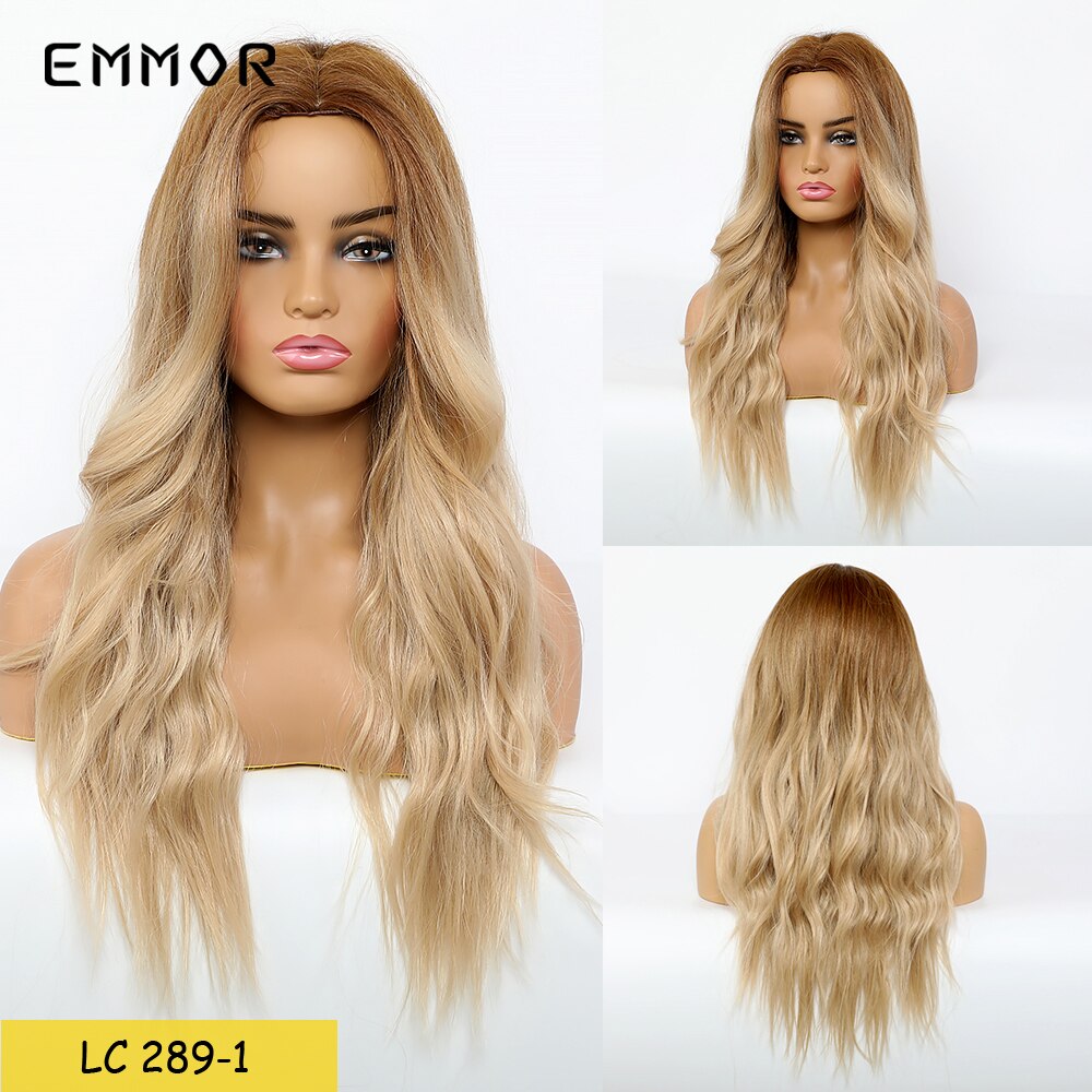 Pelucas largas de pelo sintético ondulado emmor, color castaño oscuro con reflejos rojizos y flequillo, con degradado de alta temperatura para uso diario.: Lc289-1