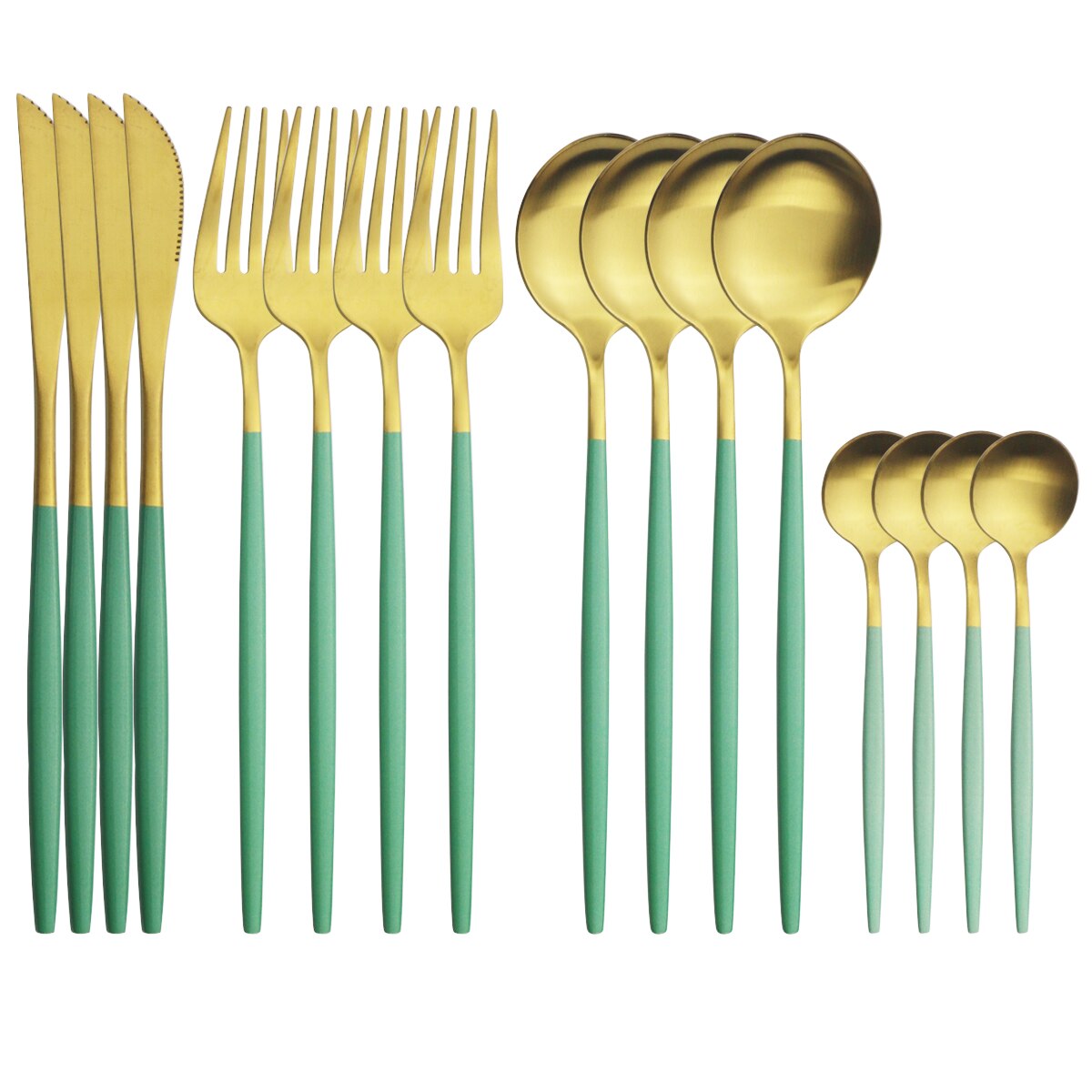 4Set/16Pcs Red Gold Dinnerware Cutlery Set Western Knives Fork Tea Spoon Dinner Tableware Stainless Steel Kitchen Silverware Set: Green Gold