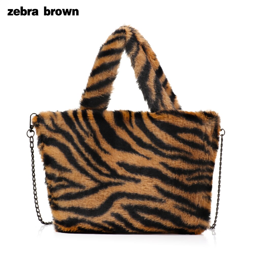 Bolso de hombro esponjoso de alta capacidad para mujer, de leopardo estampado de cebra, bolsas para las axilas con patrón de corazón de amor, bolsas de mano de piel cálida de felpa suave: zebra brown