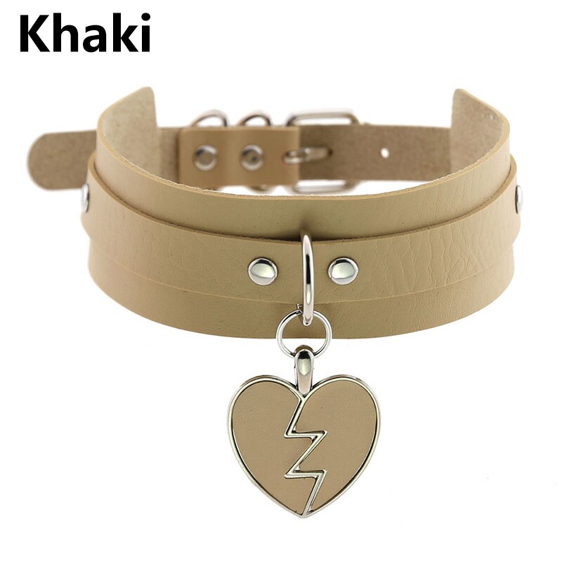 Frauen Männer Charm Herz-Form Anhänger Kragen Choker Halskette Schmuck Breiten Leder Einstellbare Halsband Partei Schmuck Zubehör: Khaki