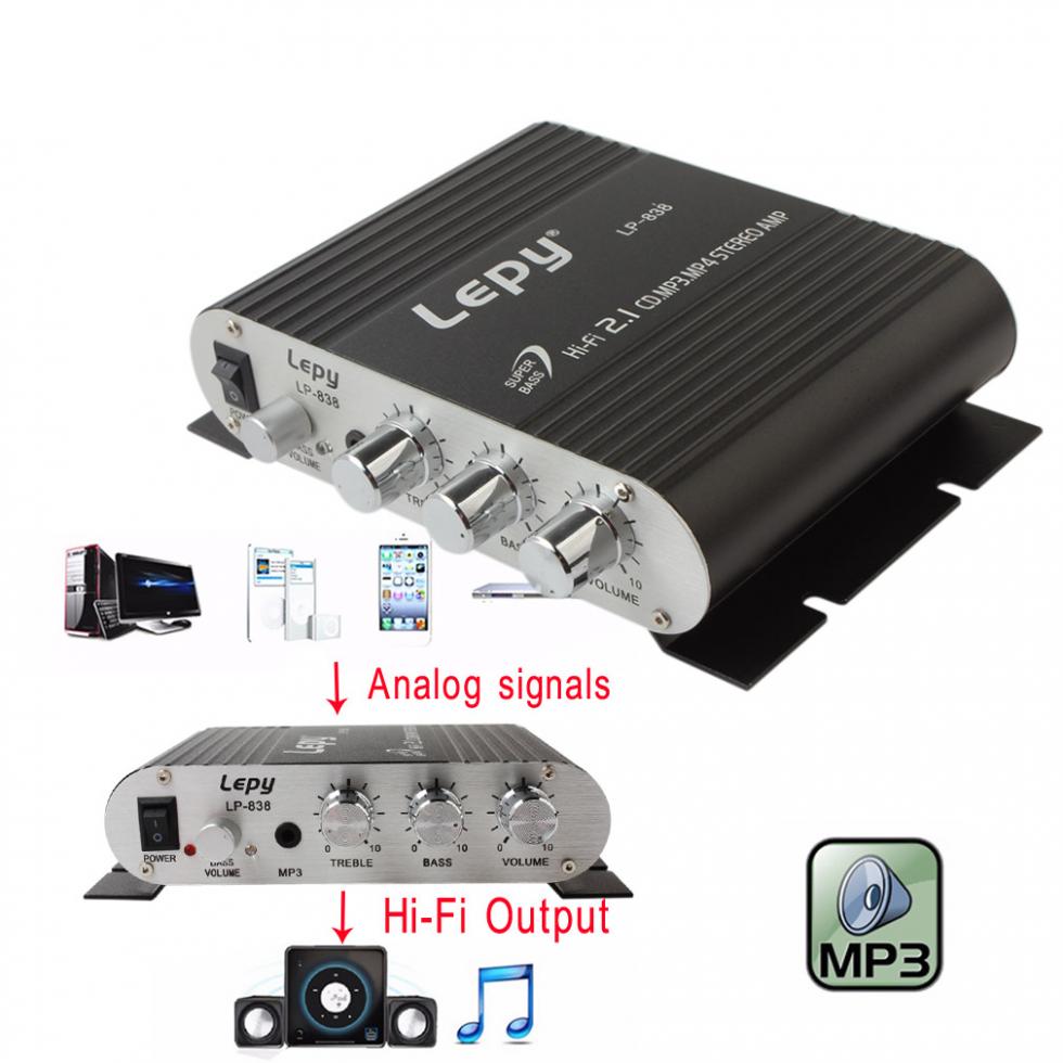 Lepy LP-838 Power Car Amplifier Hi-Fi 2.1 MP3 Radio Audio Stereo Bass Speaker Booster Player for Motorbike Home No Power Plug