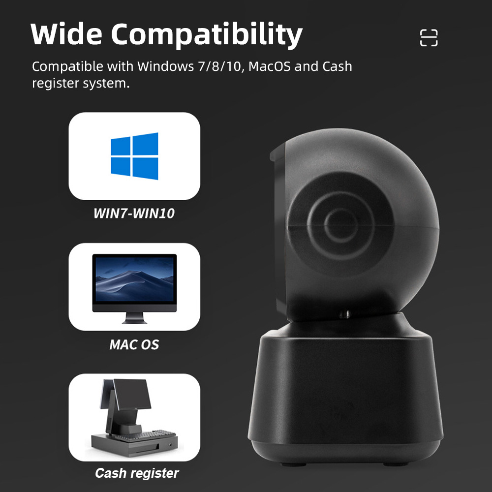 Scanner di codici a barre cablato desktop 1D 2D QR Piattaforma ad alta velocità Lettore di rilevamento automatico a mani libere Porta USB Compatibile con Plug & Play