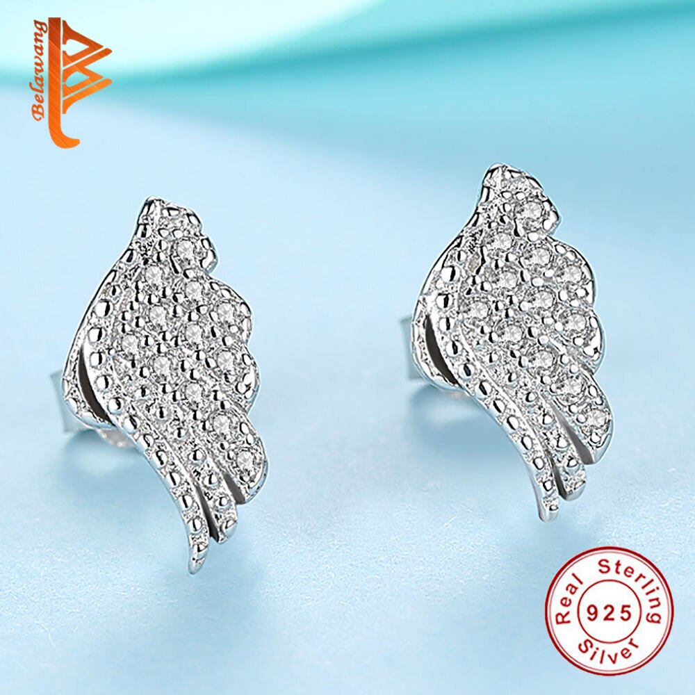 BELAWANG Mode Zirconia Stud Oorbellen Voor Vrouwen Veer Vleugels 925 Sterling Zilveren Oorbellen Wedding Party Sieraden
