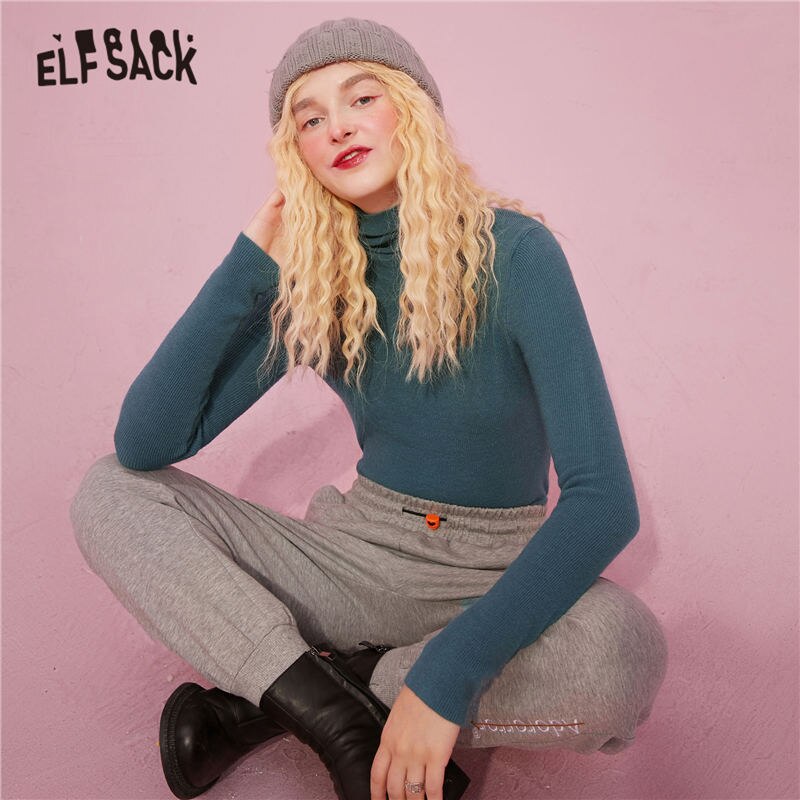 ELFSACK Solid Pure Casual Knitted Pullover Women Slim Sweaters Autumn ELF Full Sleeve,Korean Female Basic Daily Tops