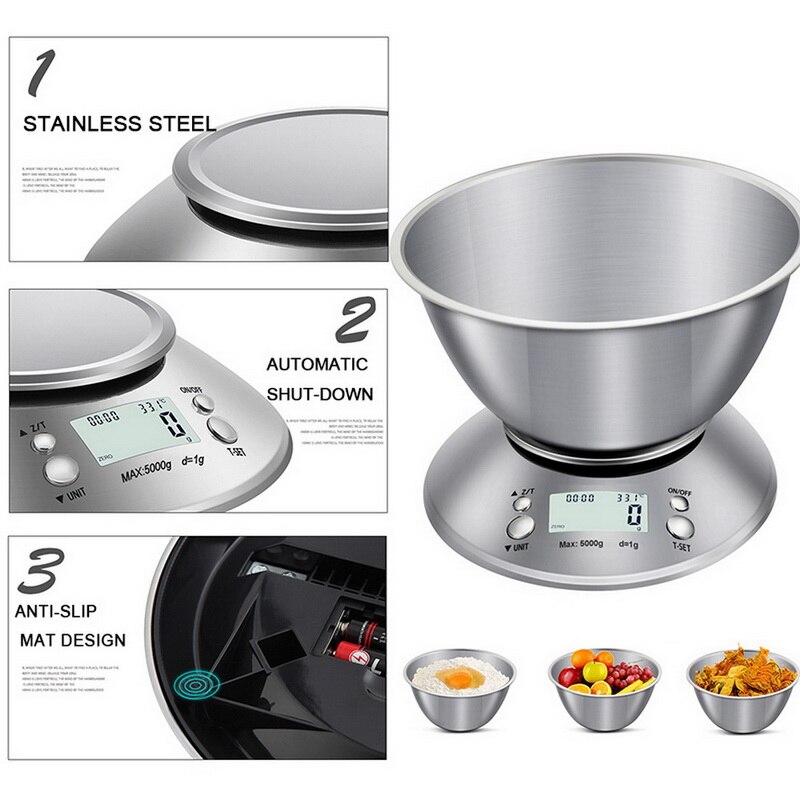 Food Scale Stainless Steel Digital Kitchen Weight with Removable Bowl Temperature Sensor for Cooking and Baking 5KG/1G