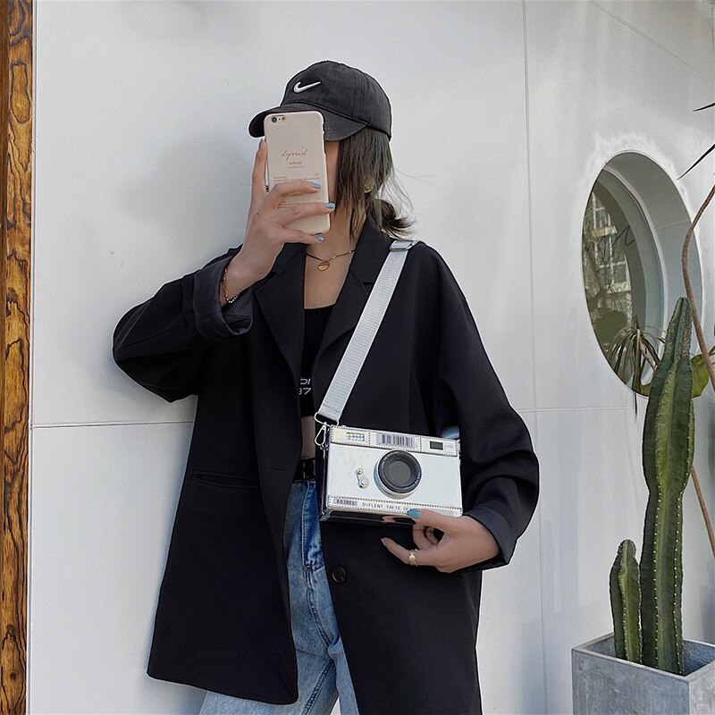 Sølv & sort retro kamera stil kvinder punge og håndtasker crossbody taske kvindelig skuldertaske afslappet clutch taske bolsas