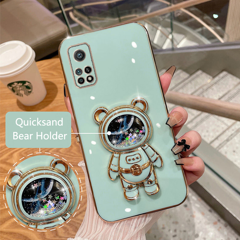 Funda de teléfono para Xiaomi Mi 9 Mi 9T Mi 9T Pro Xiaomi Mi 10 Xiaomi Mi 10T Mi 10T Pro, funda con soporte plegable de oso de dibujos animados chapado en arena movediza: Lona / Transparente