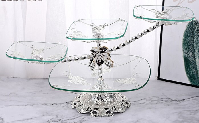 Luxury square fruit bowl tempered glass multilayer fruit bowl Hotel home general fruit bowl decorations: Silver