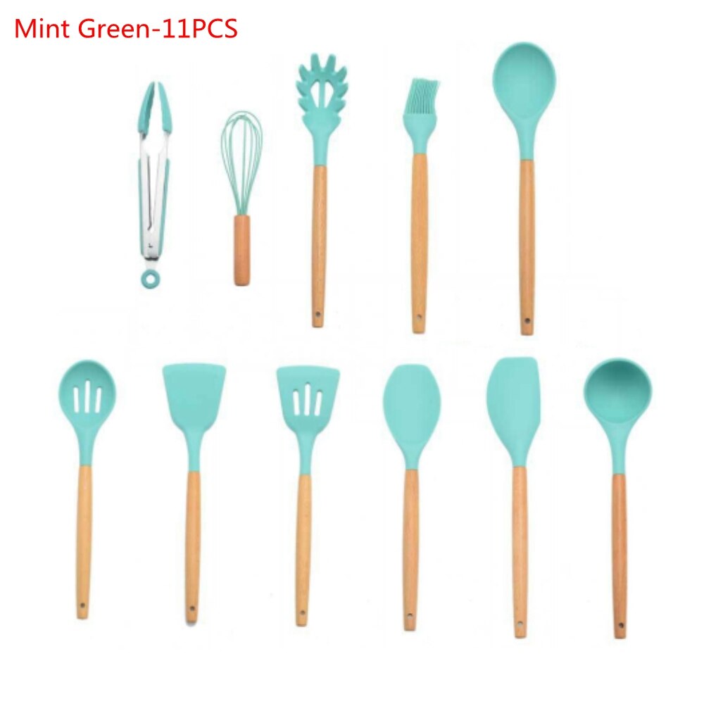 9/11Pcs Silicone Cooking Utensils Set Non-stick Spatula Shovel Wooden Handle Cooking Tools Set Kitchen Tools: 11Pcs Mint Green