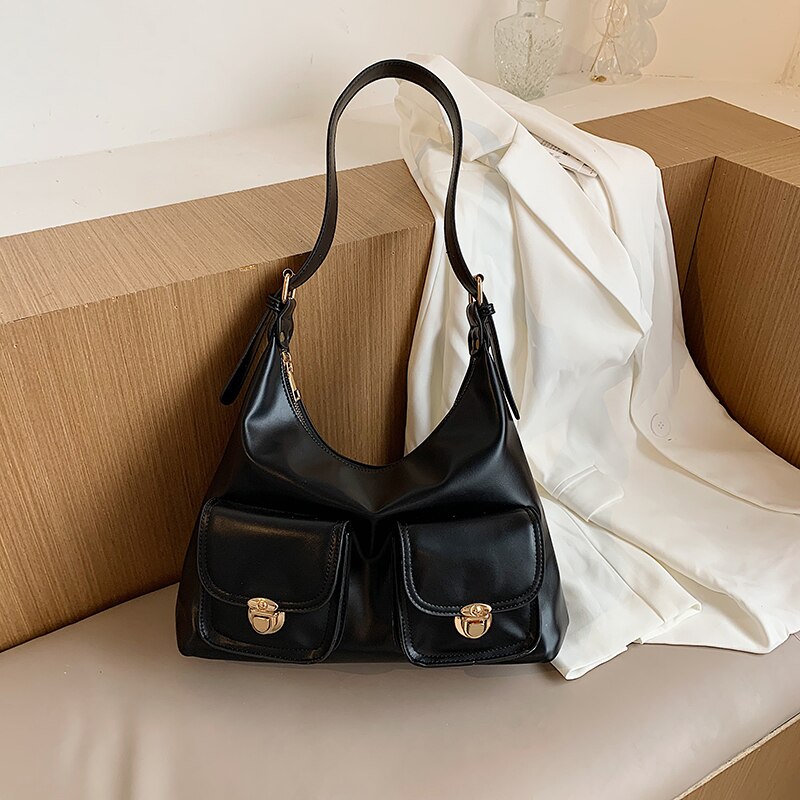 Solid Color PU Leather Bag Shoulder Bag for Women Multiple Pockets Handbag Large Capacity Top-Handle Bags: Black