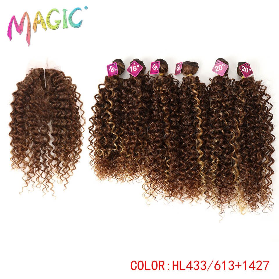 Magic Synthetic Afro Kinky Curly Hair Weave Hair 16-20 inch 7Pieces/lot Bundles With Closure African lace For Women hair Extens: P1B/27