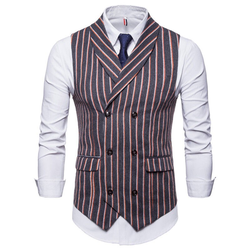 Heren geruit gestreept vintage tweerijig pak vest trendy mannelijk formeel zakelijk slim fit jurk vesten pak smoking vest: Grijze streep / Xxl