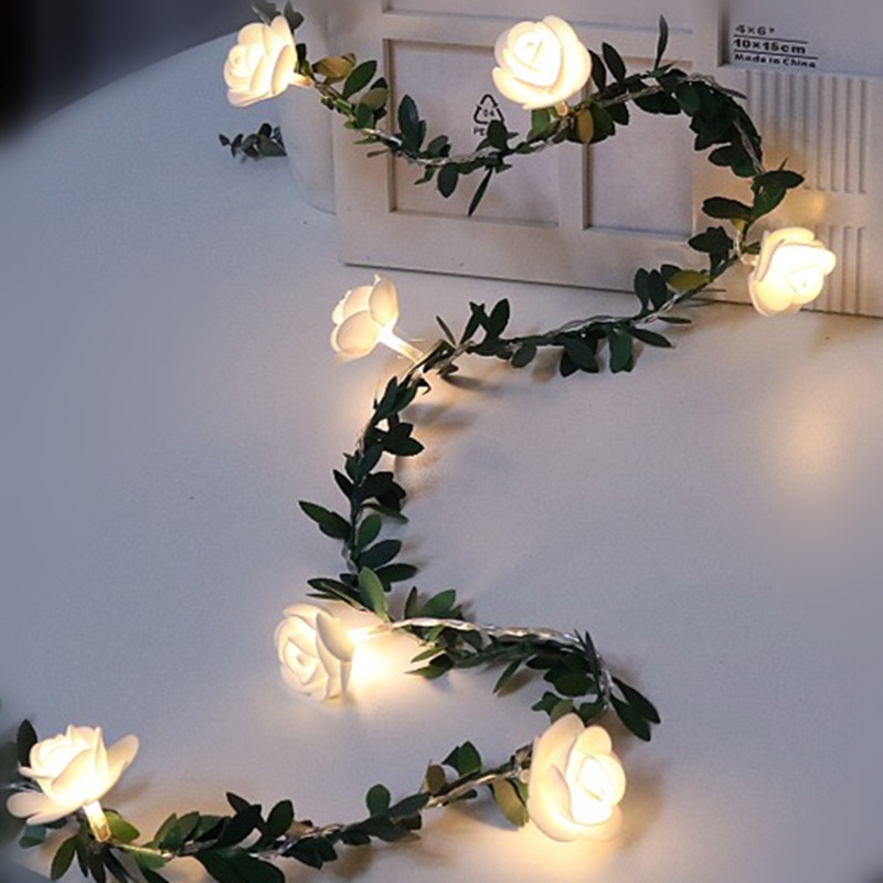 1.5m 3m 6m rose flower vine led string lys batteri/usb drevet grøn blad guirlande lampe til valentinsdag bryllup jul
