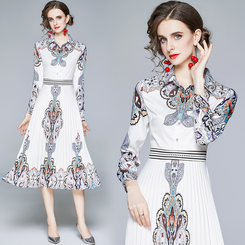 Elegant  Dress For Women Fall Mesh Long Sleeve Turn-down Collar Printed Dress