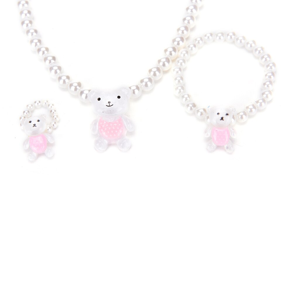 Bear Rabit Necklace Ring Bracelets For Kids Girls Children White Imitation Pearl Beads Jewelry Sets Send Randomly