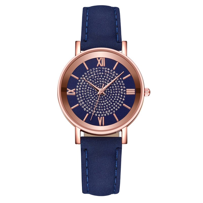 Style Starry Sky Dial Watches for Women Roman Scale Rhinestone Leather Ladies Quartz Watch Female Wrist Watch: Blue