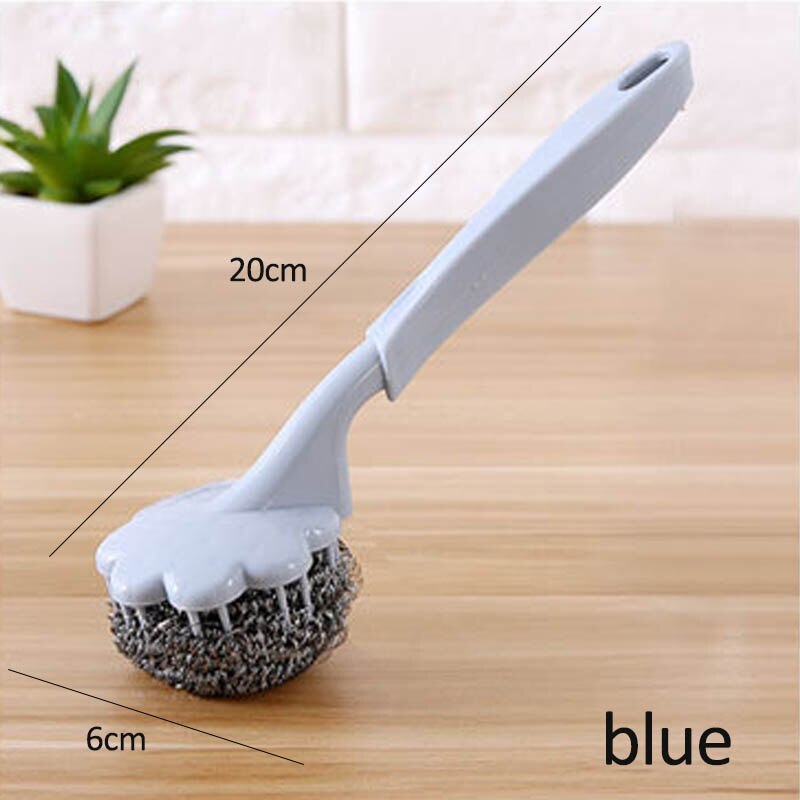 Cepillo de bola de alambre de acero inoxidable de utilidad, cepillo de limpieza con mango largo para colgar en la cocina, herramientas de limpieza en profundidad, 1 Uds.: Azul