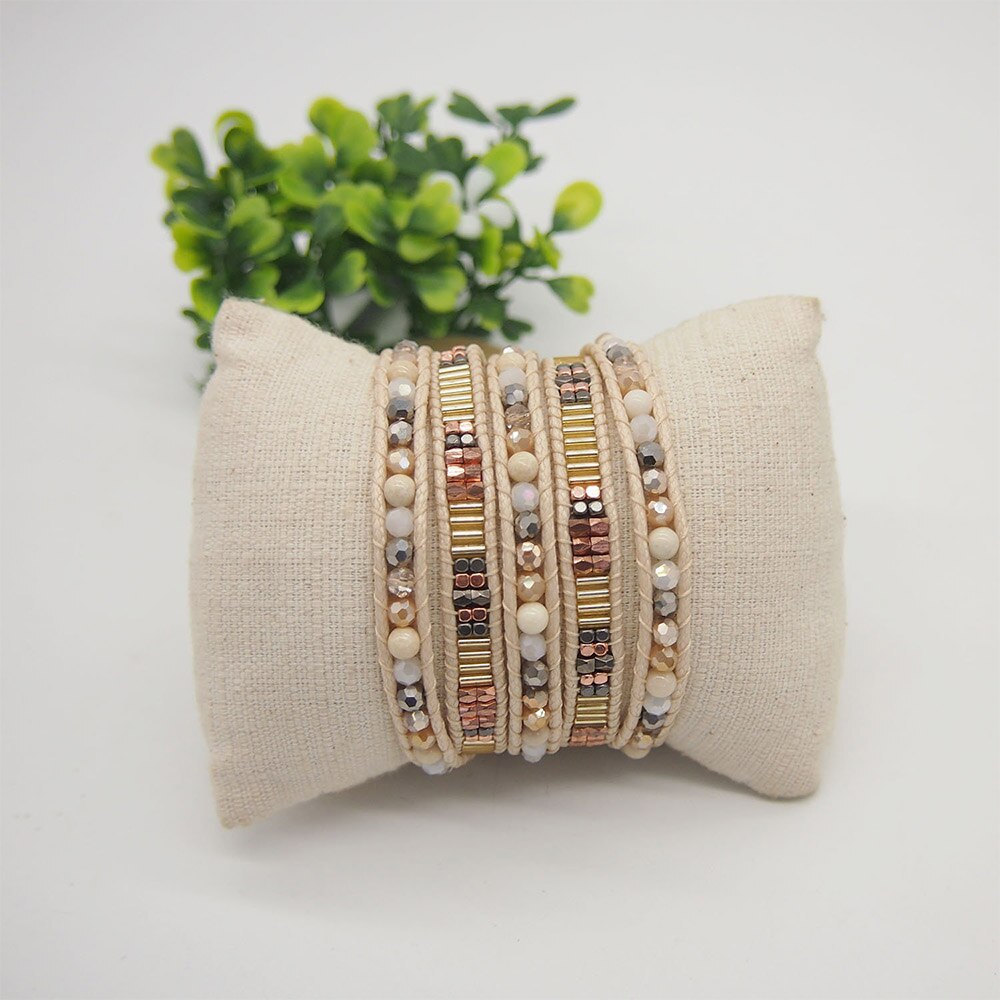 5 Times Wrap with Beige Mix Wrap Beadwork Bracelet Jewelry for Mom