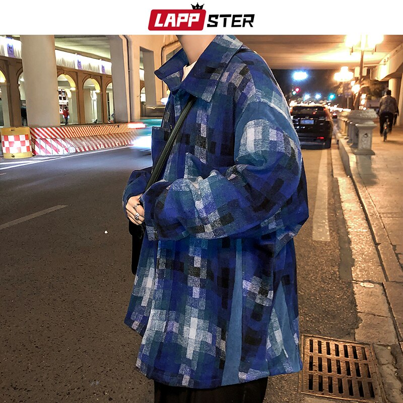 LAPPSTER, camisa a cuadros de color Vintage para hombre, , ropa de calle para hombre, camisas Harajuku gruesas de manga larga, camisa de coreana para pareja