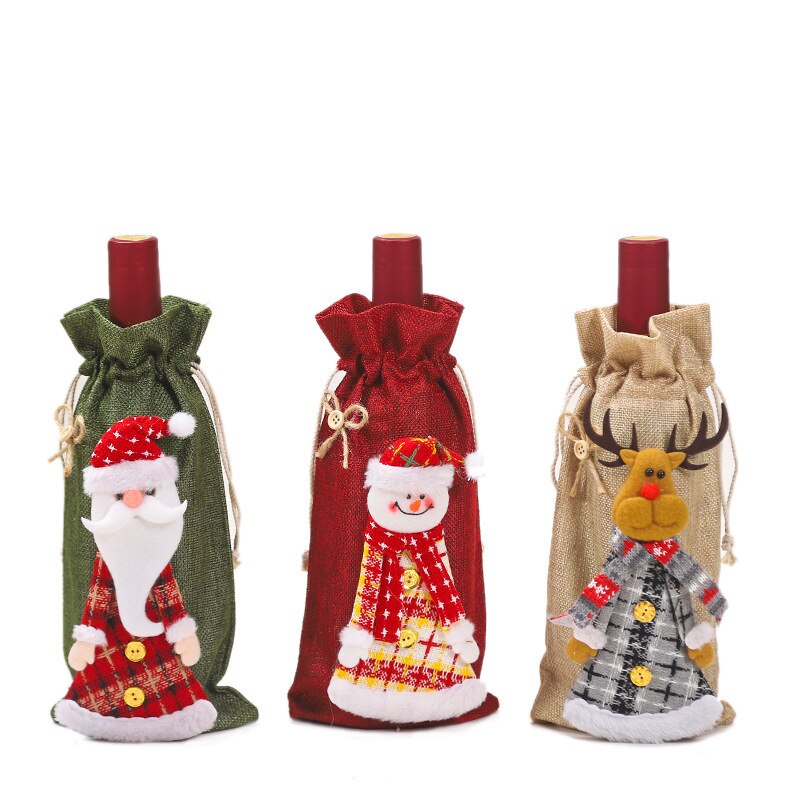Jul vin flaska täcka väska tomte tecknad kjol docka säckväv vin flaska täcka jultillbehör