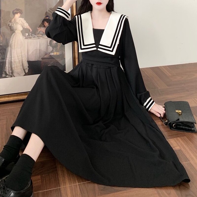 2022 japanese style jk uniform suit lapel a-line skirt student jk dress long sleeve suit girl jk uniform dress loose black dress