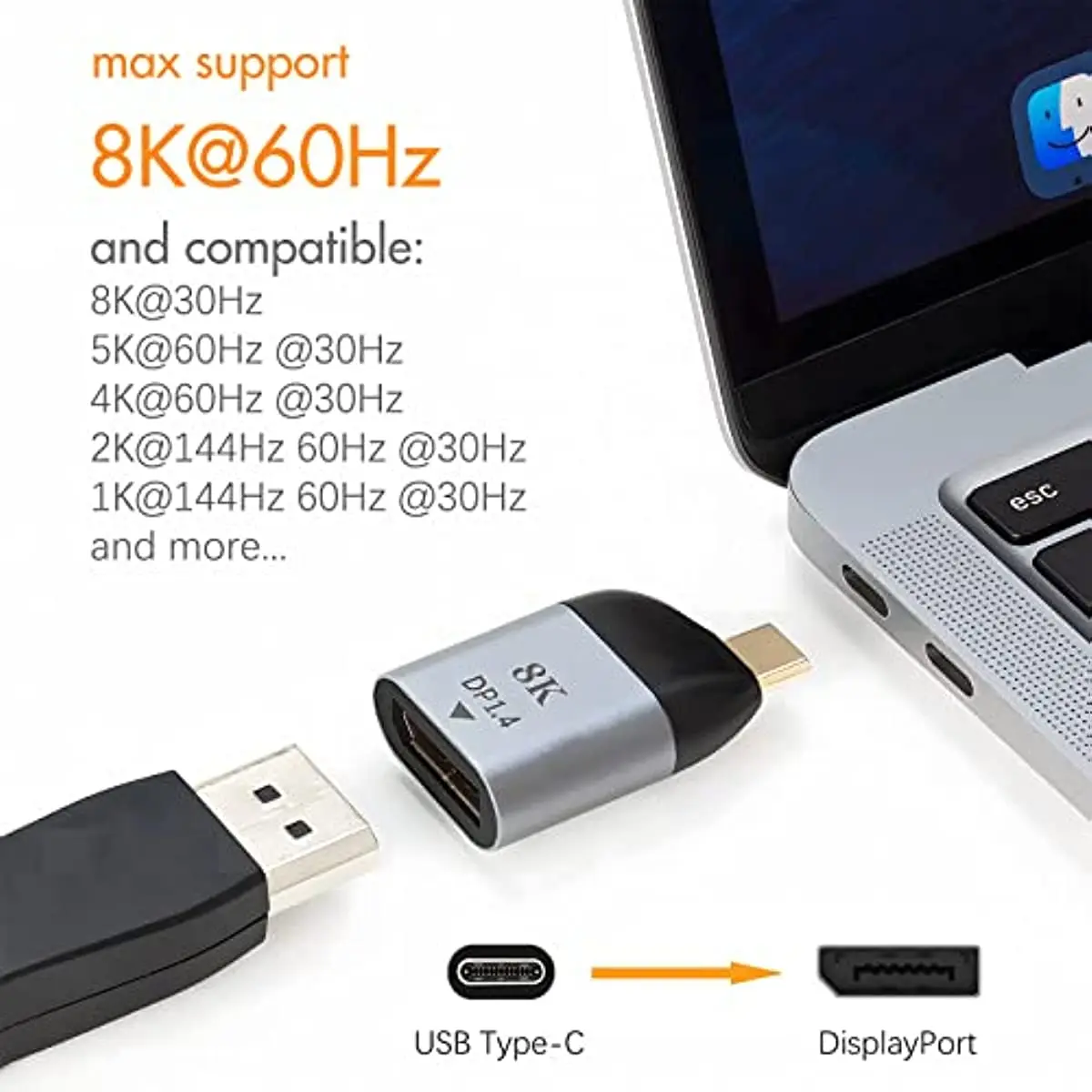 Usb-c til displayport 1.4- adapter thunderbolt 3/4 type-c til dp/minidip displayport 8k @ 60hz- videokonverter for bærbar skjerm