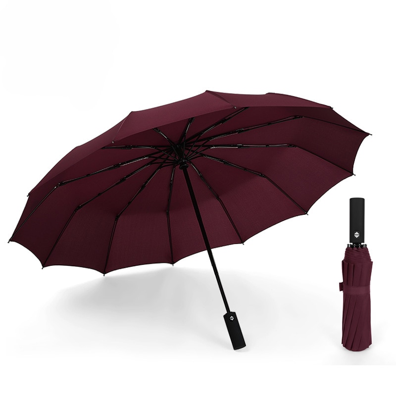 Paraguas fuerte, resistente al viento, plegable, automático, para hombres y mujeres, lluvia, 12 varillas, paraguas grandes, sombrilla con manija portátil de negocios