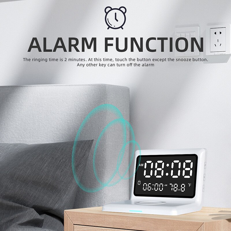 6 In 1 Wekker Draadloze Oplader Met Digitale Thermometer Led Bureaulamp Voor Slaapkamer 15W Mobiele Telefoon Snelle lader
