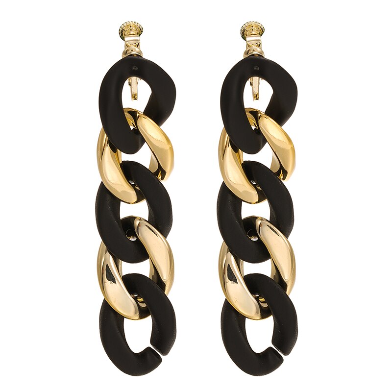Pendientes de Clip de cadena acrílica para mujer, aretes largos de color dorado, mate, negro, Vintage, ovalados, geométricos, sin agujeros,: e