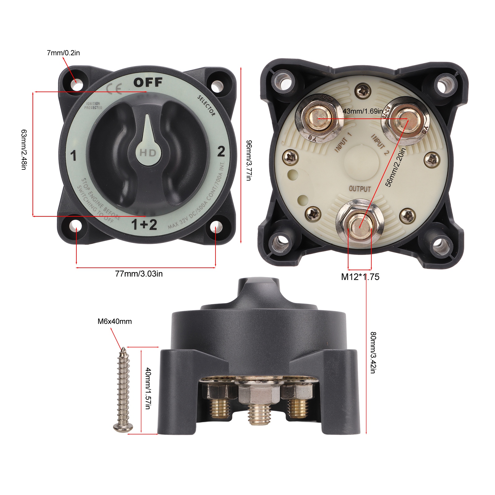 Interruptor de desconexión de batería marina, accesorio de alta resistencia, Selector de batería de 4 posiciones para barco RV, 500A