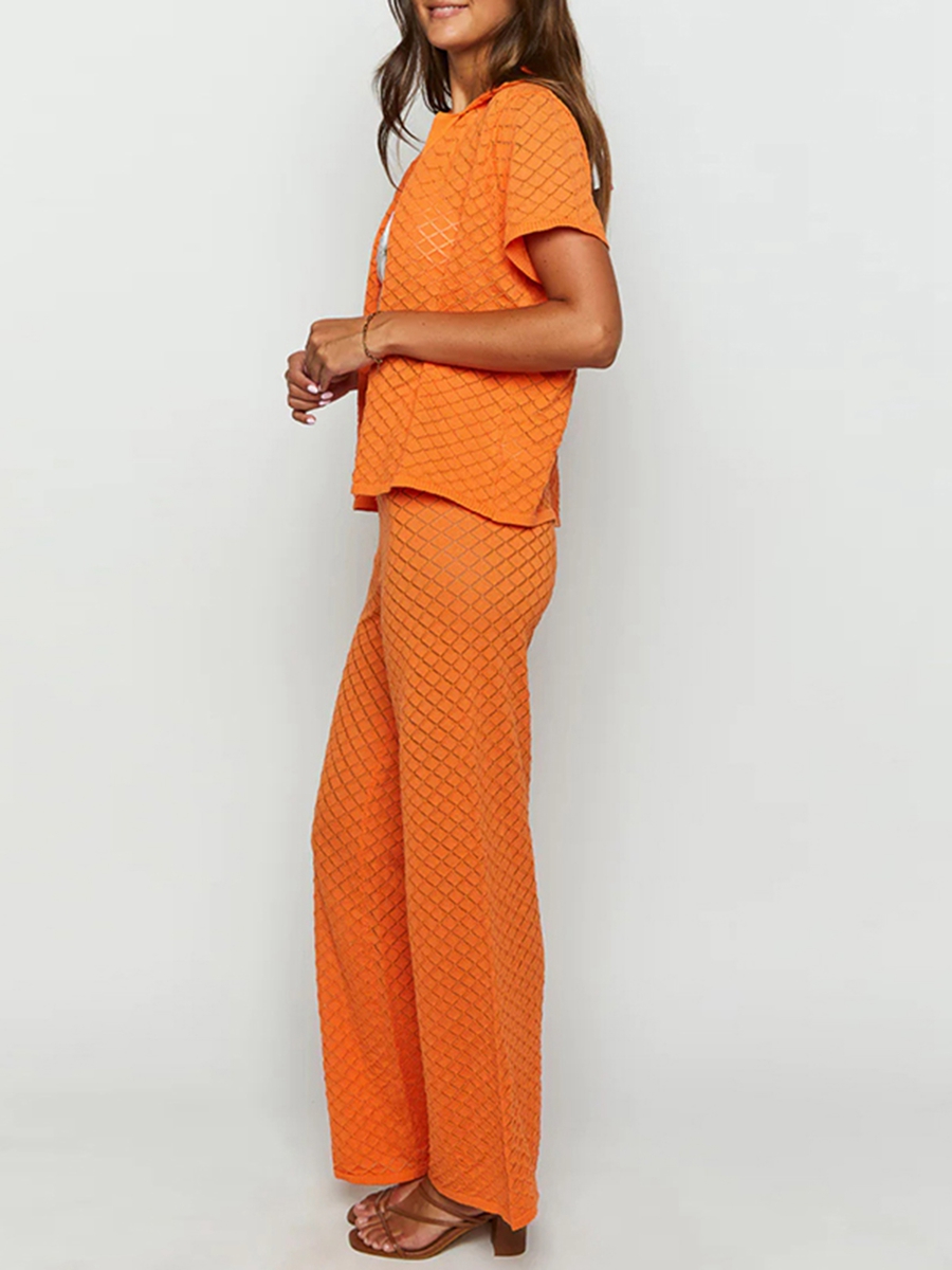 Dame s 2- delt striksæt med reversudskæring, korte ærmer, toppe med knapper + elastisk talje, vide ben, ensfarvet, outfits orange