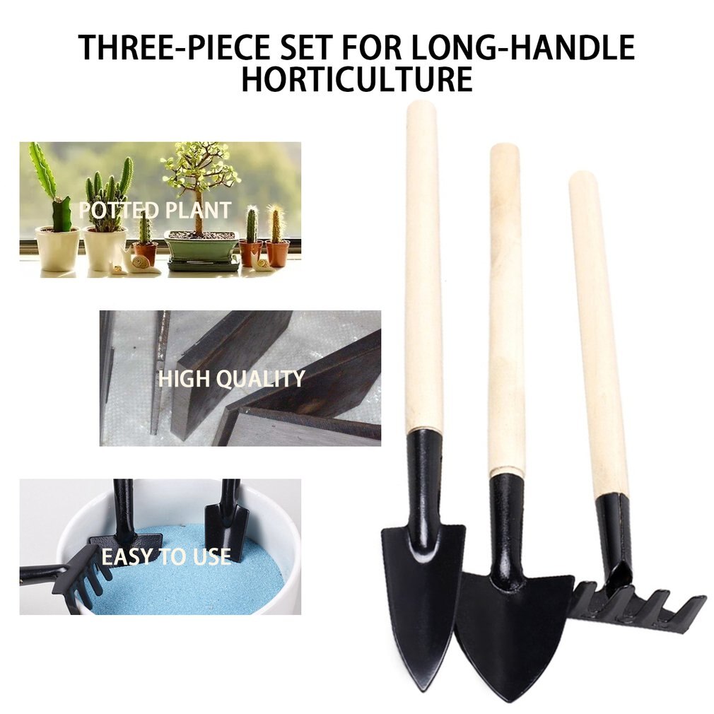 3 Stks/set Tuin Hand Tool Kit Plant Tuinieren Schop Spade Hark Troffel Houten Handvat Metal Head Tuinman