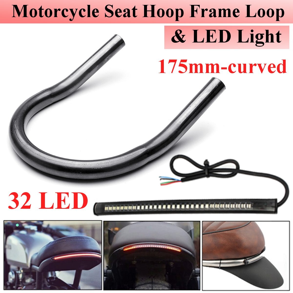 175/210/230MM Motorcycle Rear Seat Frame Hoop Loop LED Stop Richtingaanwijzer Remlicht voor Cafe racer/Honda/Kawasaki/Suzuki/Yamaha: 175mm Curved