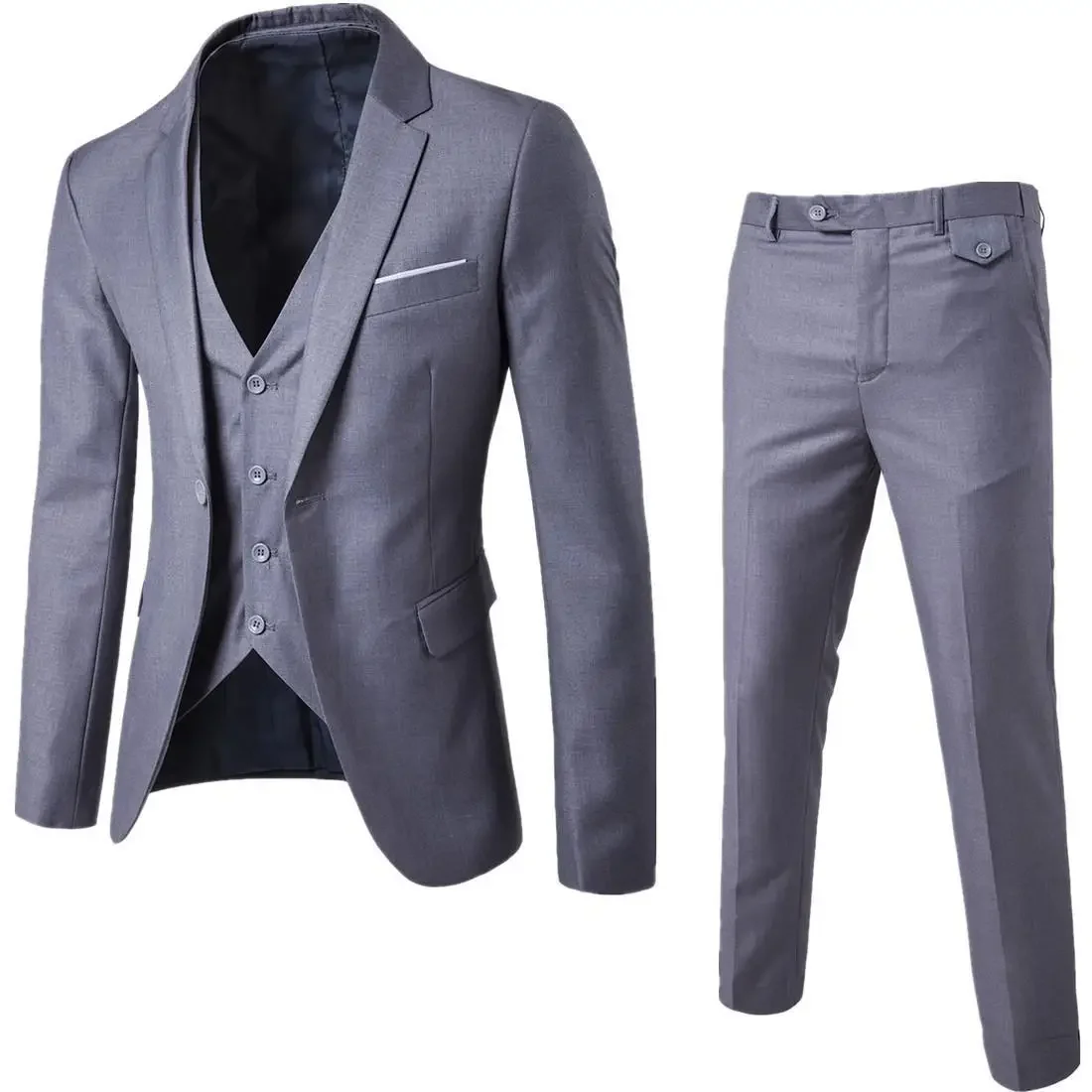 Trajes informales de negocios para hombre de cuatro estaciones, tres piezas, chaleco de un solo pecho con cuello en V, chaqueta de traje de un solo botón + pantalones de trajes: 4XL / Castaño