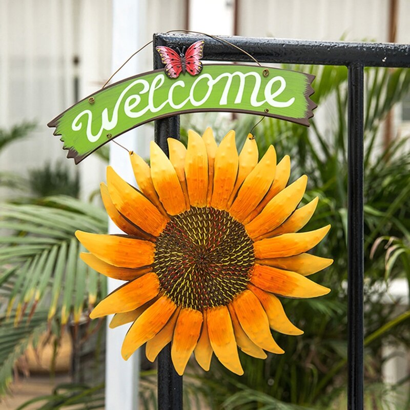 Garden Welcomeing Signs Metal Hanging Yard Art Decorative Outdoor Garden Signs Sunflower Outside Hand-Painted Decor