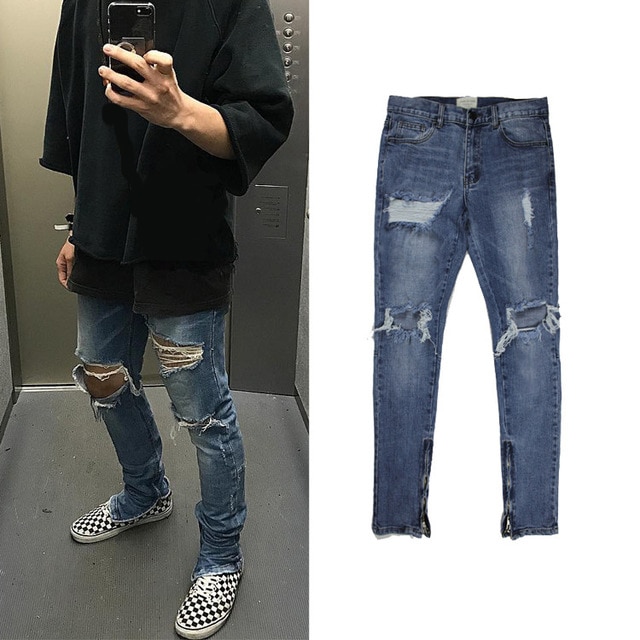 Justin bieber mænd fancy bukser jumpsuit urban hip hop punk motorcykel moto blå nødlidende ankel lynlås skinny ripped jeans