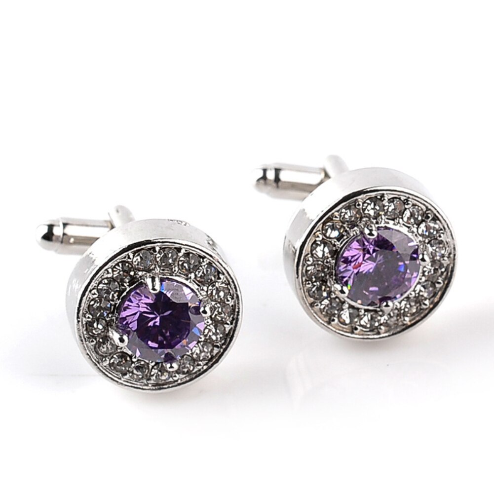 Gemelos de negocios con diamantes de imitación brillantes para hombre, camisa de de boda, color blanco y morado, redondos, accesorios,