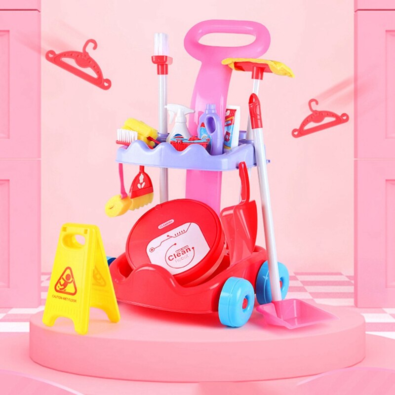 Kids Cleaning Trolley Toy Set Simulation House Cleaning Tool Playset Pretend Role Play Toy with Clean Robot