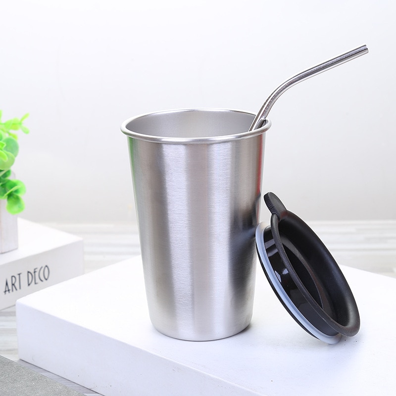 304 Stainless Steel Cup Anti-fall Beer Juice Cup Office Household Simple Metal Coffee Cold Drink Cup Straw Set