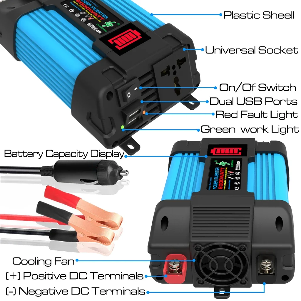 Onduleur 6000W/4000W DC 12V à AC 110V 220V, convertisseur de tension adapté aux tablettes mobiles du matin, panneaux solaires, mini alimentation de voiture