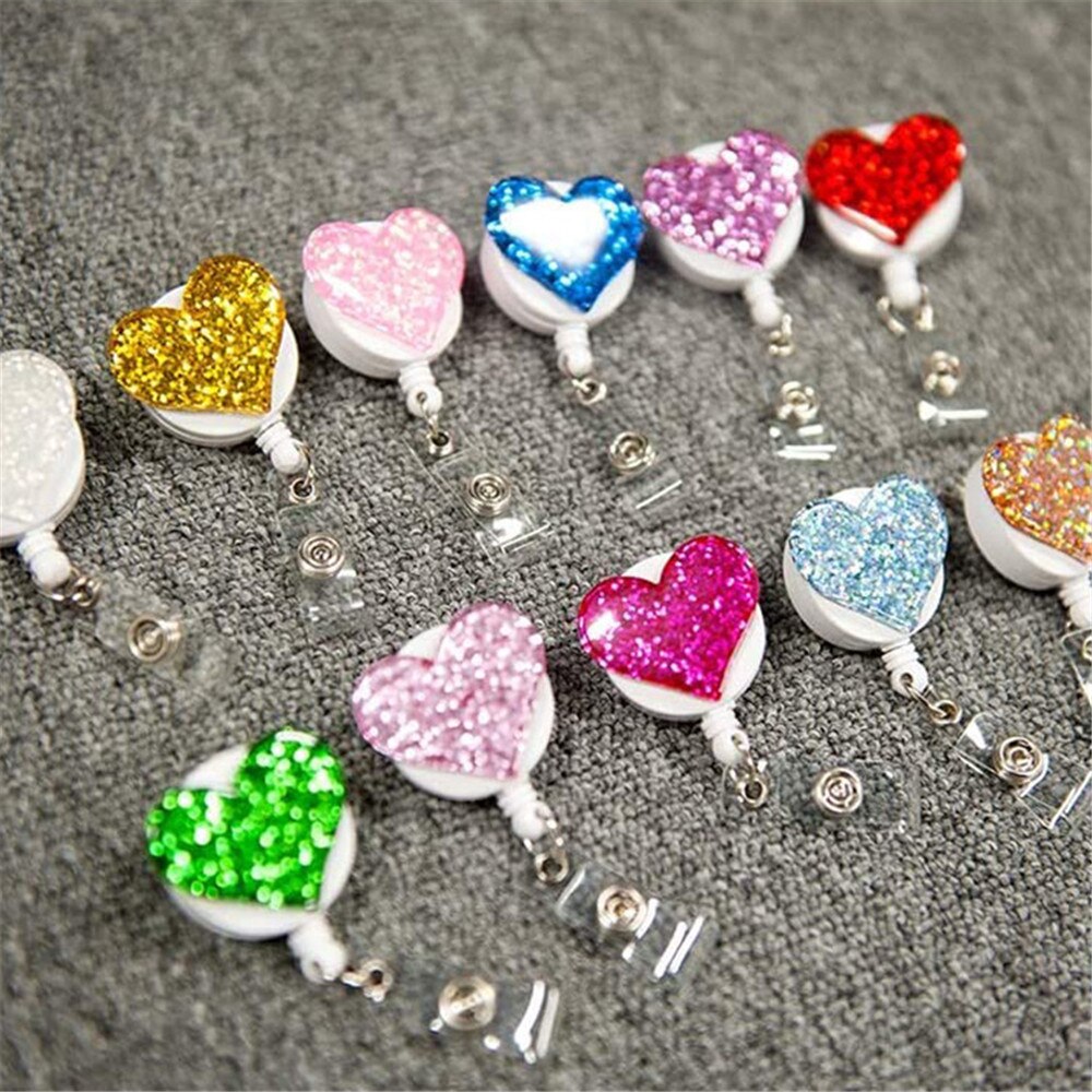 1pc Love Heart Glitter Sequins Badge Reel Retractable Badge Holder Nurse Doctor ID Card Holder Pull Key Chain Office Supplies