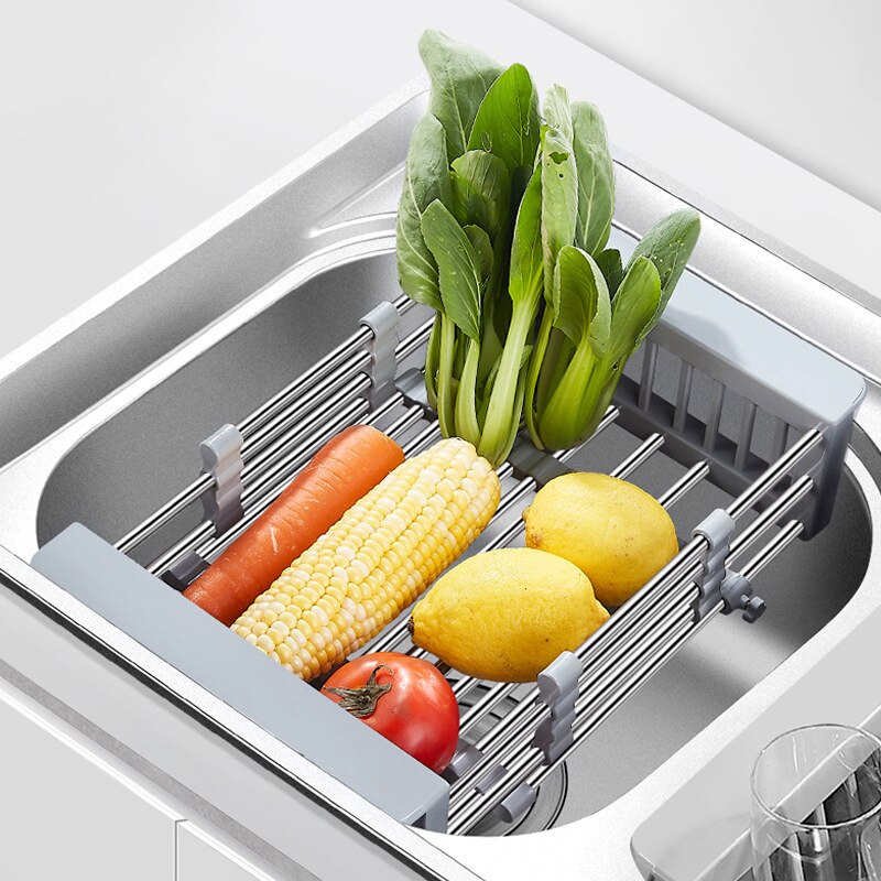 Køkkenvask hylde rustfrit stål justerbart teleskopisk køkken over vask opvaskemaskine tørrestativ opbevaring frugt grøntsagsbakke dræner